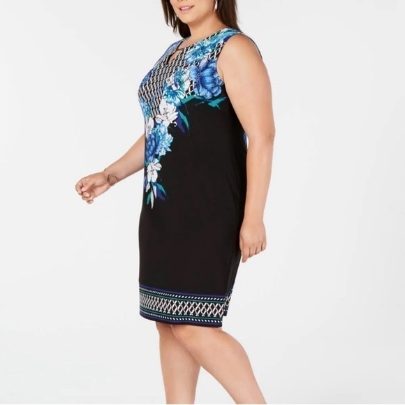 Women Dress JM Collection Keyhole Blue Floral Sheath Dress Sleeveless Midi Dress - Picture 2 of 9